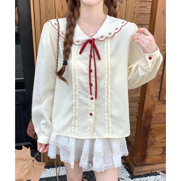 ブラウス シャツ リボン刺繍 セーラーカラーブラウス レディース