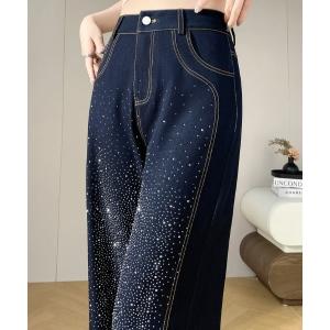ジーンズ デニム デニムパンツ ハイウエストラインストーンデニムパンツ レディース