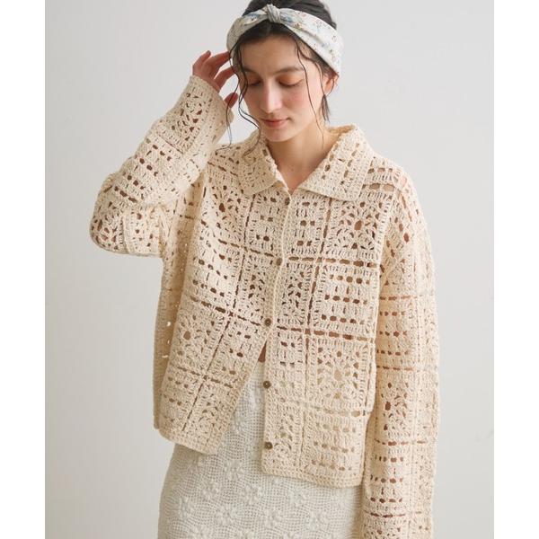 カーディガン クロシェニットシャツカーディガン レディース