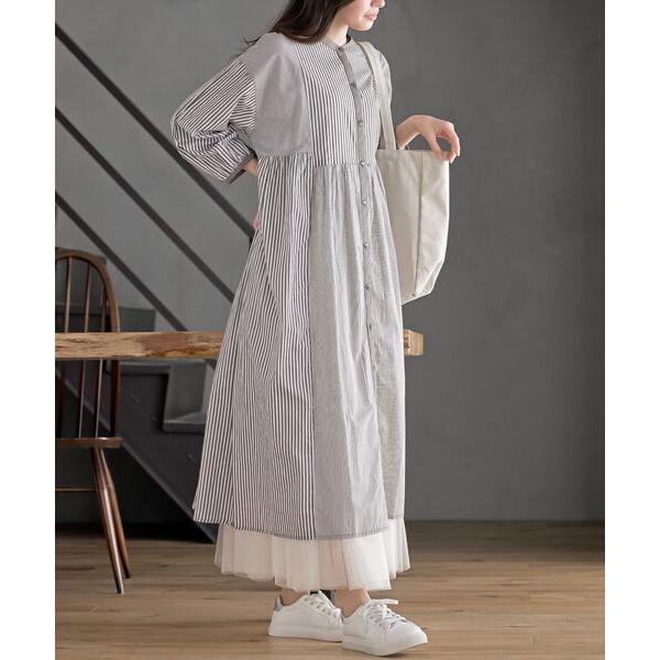 シャツワンピース ストライプパターン切替７分袖シャツワンピース
