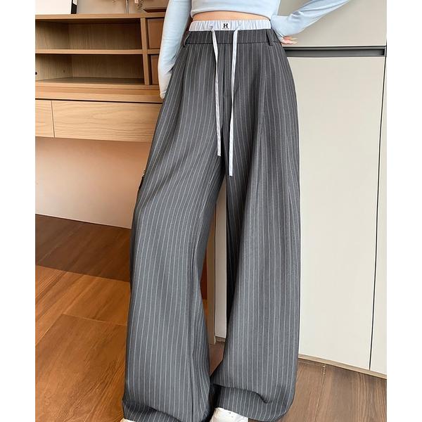 ワイドパンツ パンツ ダブルウエストストライプワイドパンツ レディース