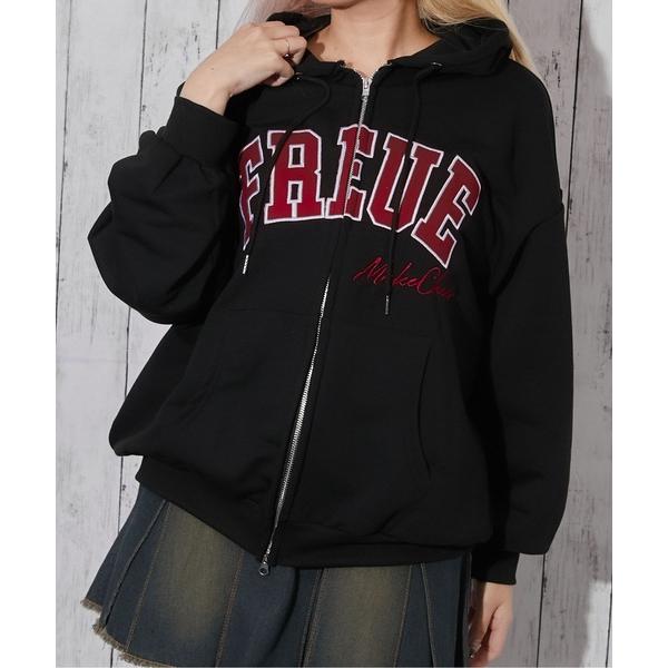 パーカー 「カレッジロゴ刺繍」ZIPパーカー／ビッグシルエット／春秋／全3色 レディース