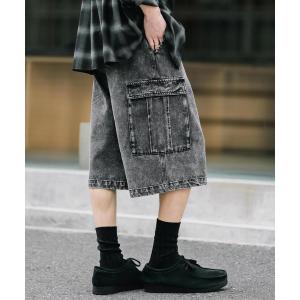 ワイドパンツ ハーフパンツ ジーンズ 短パン ケミカルウォッシュ オーバーダイ ワイドデニムカーゴハーフショートパンツ メンズ レディース