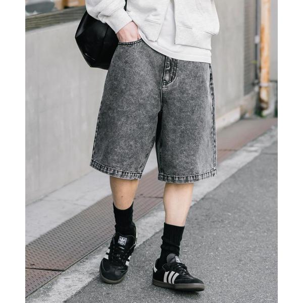 ワイドパンツ ハーフパンツ ジーンズ 短パン ケミカルウォッシュ オーバーダイ ワイドデニムハーフシ...