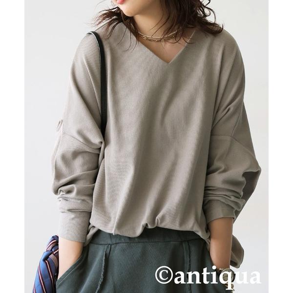 「antiqua」 長袖カットソー V グレイッシュベージュ レディース