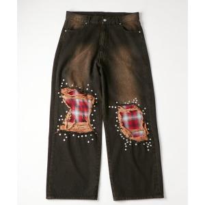 ジーンズ チェックダメージスタッズデニム メンズ レディース