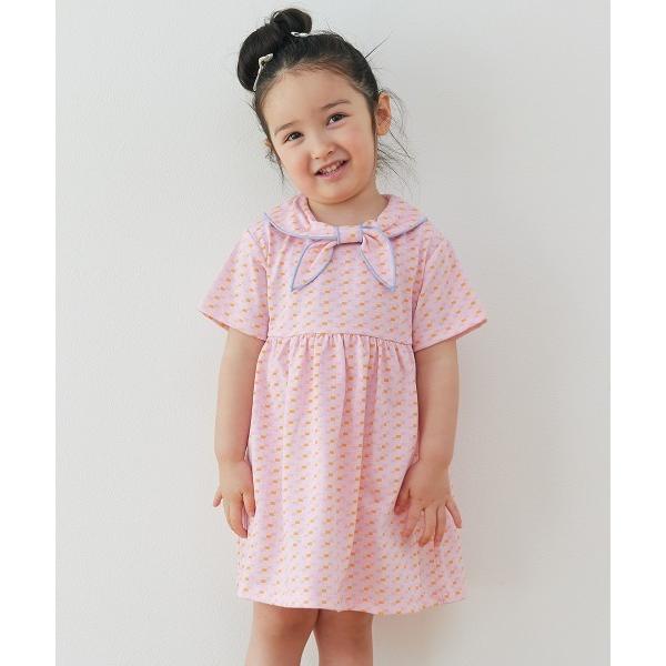 ワンピース 「吸汗速乾」リボンカラー幾何学柄半袖ワンピース キッズ 子供服 女の子