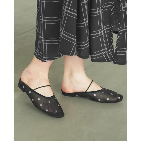 サンダル スパンコールチュール フラット ミュール レディース