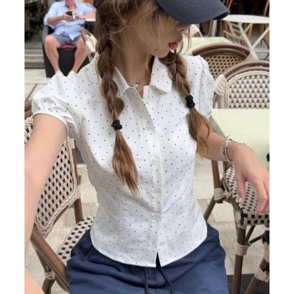 ブラウス シャツ 「春夏新作」ピンドット柄パフスリーブ半袖シャツ レディース