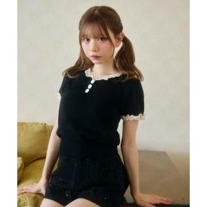 tシャツ 半袖 ハート柄シアーニットレース襟トップス レディース