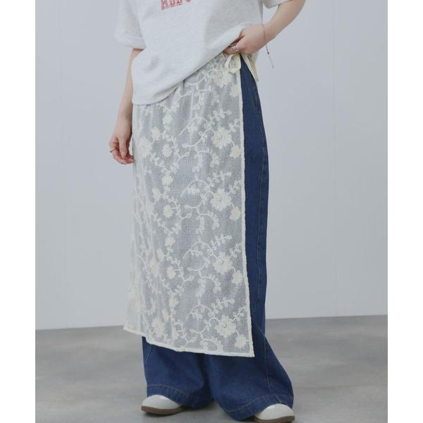 スカート Free Nature  コットン刺繍 メッシュレース ラップマキシスカート
