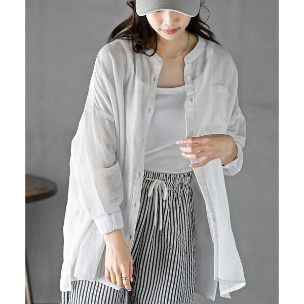 ブラウス シャツ バンドカラー綿麻シアーブラウス レディース