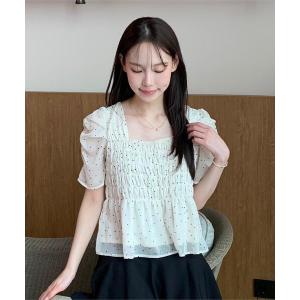 ブラウス シャツ フロッキードットシャーリングペプラムブラウス レディース