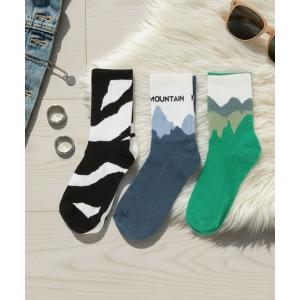 靴下 「3足セット」マウンテン柄アシメ靴下 レディース