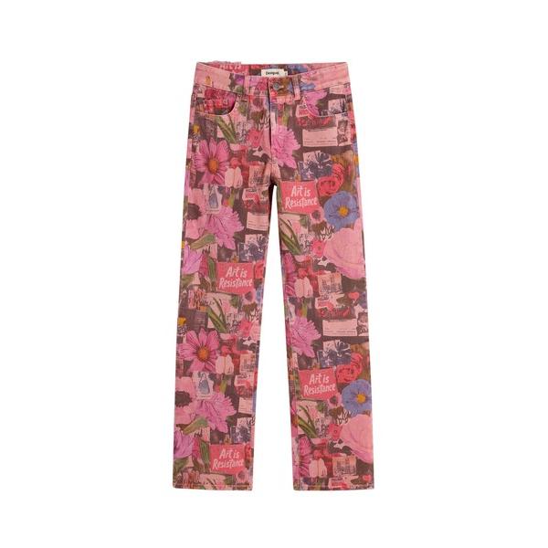 ジーンズ デニム デニムパンツ ピンクフローラル×”Art is Resistance” グラフィッ...