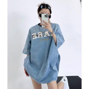 tシャツ 半袖 韓国ファッション MAREロゴ色落ちデニム半袖トップス レディース メンズ