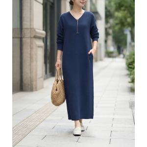 ワンピース サーマル編みVネックワンピース