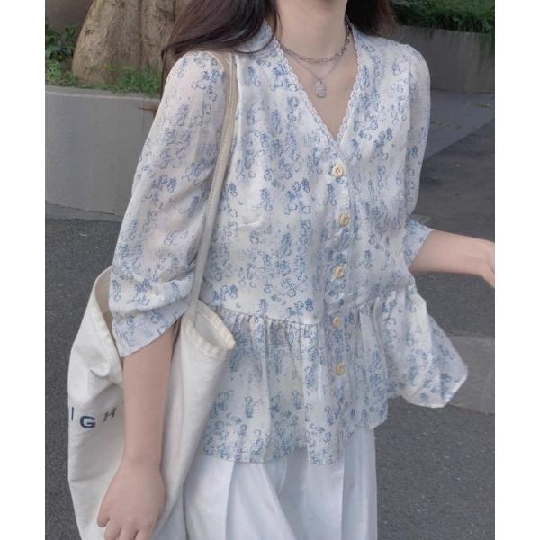 ブラウス シャツ 小花柄フリルブラウス レディース
