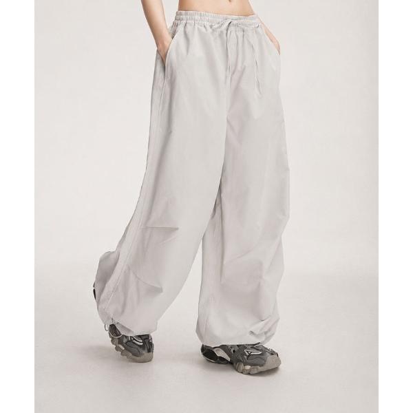 ワイドパンツ パンツ ウエストゴムギャザーナイロンパンツ レディース