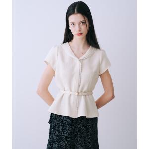 ブラウス シャツ ツイードベルト付半袖ペプラムブラウス レディース