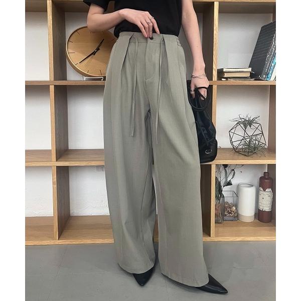 ワイドパンツ スラックス パンツ ウエストタックデザイン リボンワイドスラックス レディース