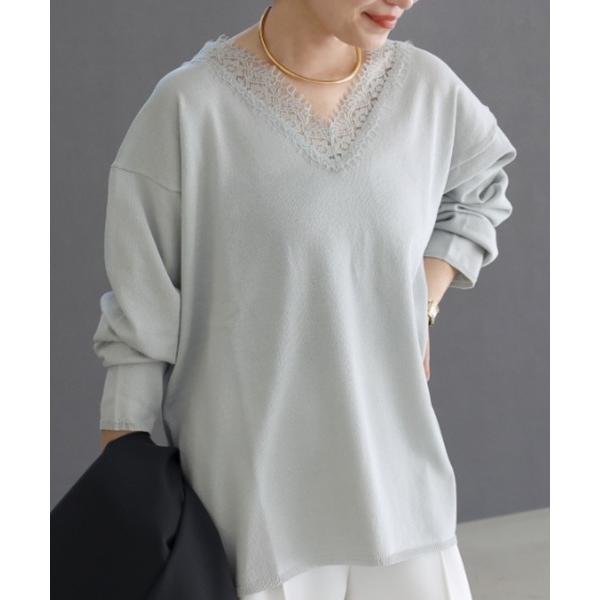 tシャツ T/R天竺襟元レースVネックプルオーバー レディース