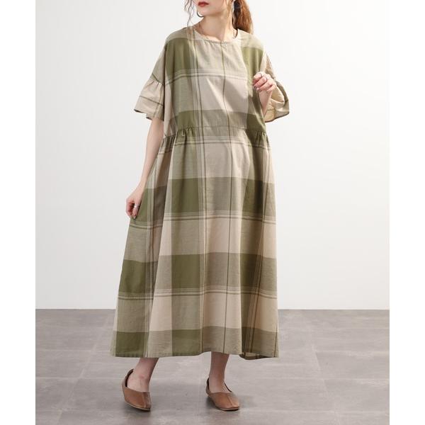 ワンピース blue willow 綿麻混 袖切り替えワンピース コットンリネン 細番手ブロックチェ...