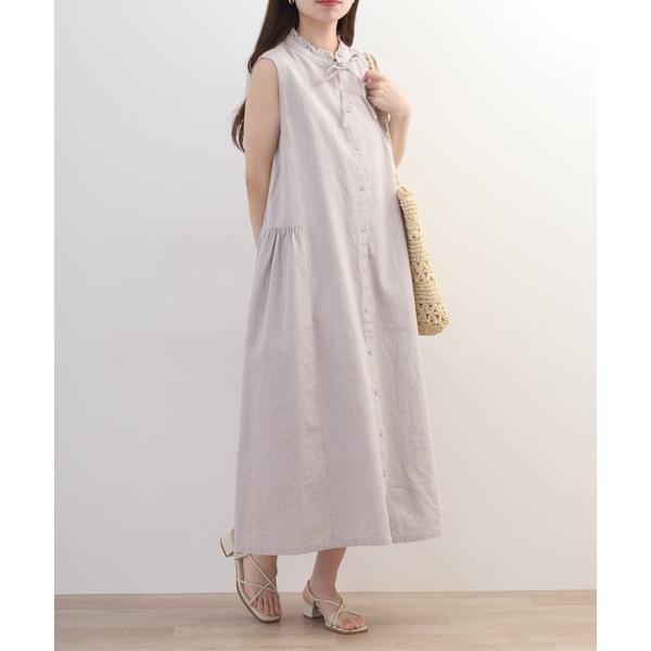 ワンピース blue willow 綿麻混 フリル衿リボンワンピース コットンリネン平織り生地使用