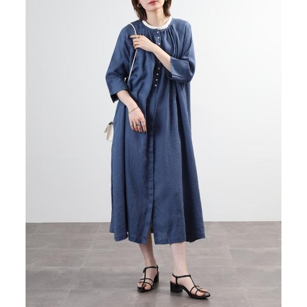 ワンピース 08 Mab 麻100% 比翼前開きワンピース 21番手リネン使用 半端袖