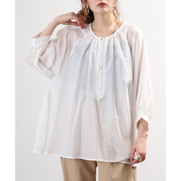 ブラウス シャツ 08 Mab シルク混 ギャザー多ボタンブラウス コットンシルク使用 長袖 レディ...