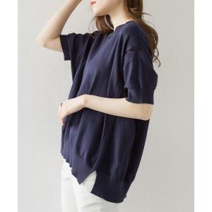 tシャツ M-5L 袖脇オープンVネック5分袖ニット レディース