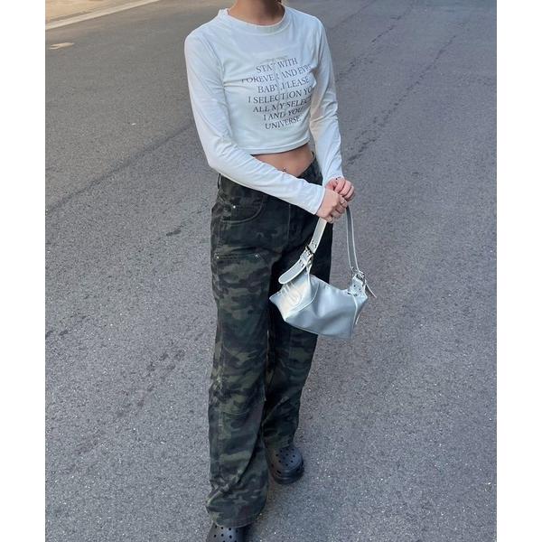 tシャツ テキストリボンミニ丈ロンT／長袖Tシャツ レディース