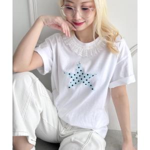 tシャツ 半袖 スタープリントレース半袖Tシャツ レディース