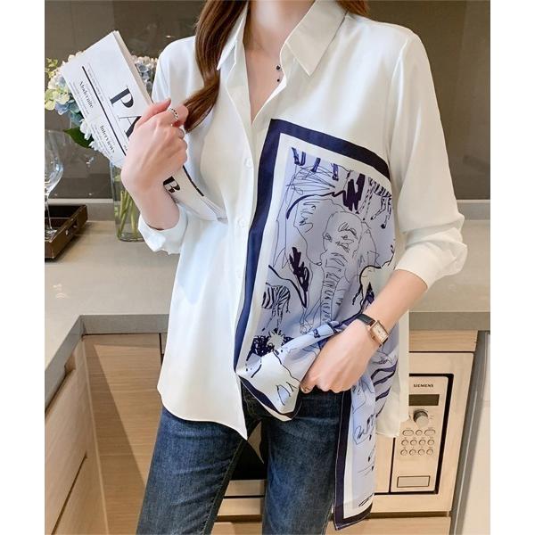 ブラウス シャツ スカーフ風プリント×アシンメトリーシャツ レディース