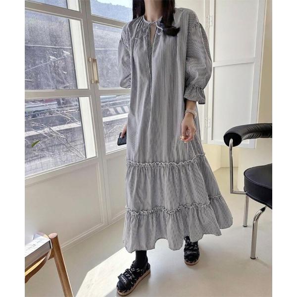 ワンピース ストライプ柄ティアードワンピース