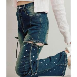 ジーンズ デニム デニムパンツ キラキラサイドスリットストレッチフレアデニムパンツ レディース