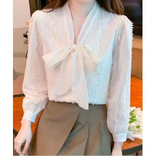 ブラウス シャツ ボウタイリボンジャガードブラウス レディース