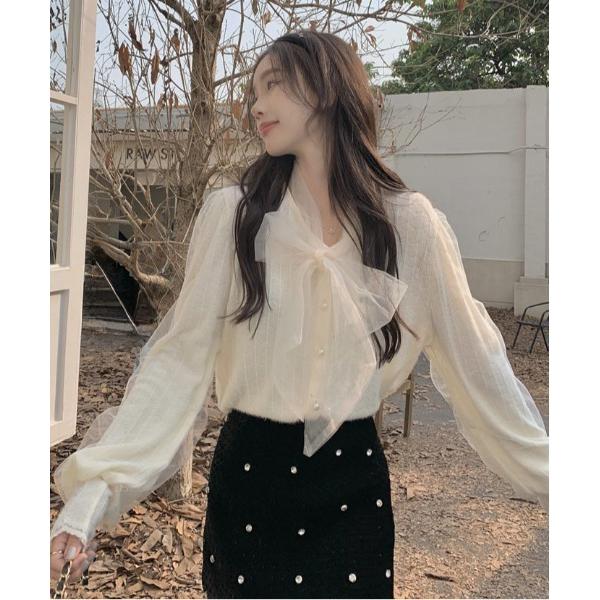 ブラウス シャツ ボウタイリボンオーガンジーブラウス レディース
