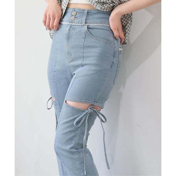 ジーンズ デニム デニムパンツ レース付脇リボンフレアパンツ レディース