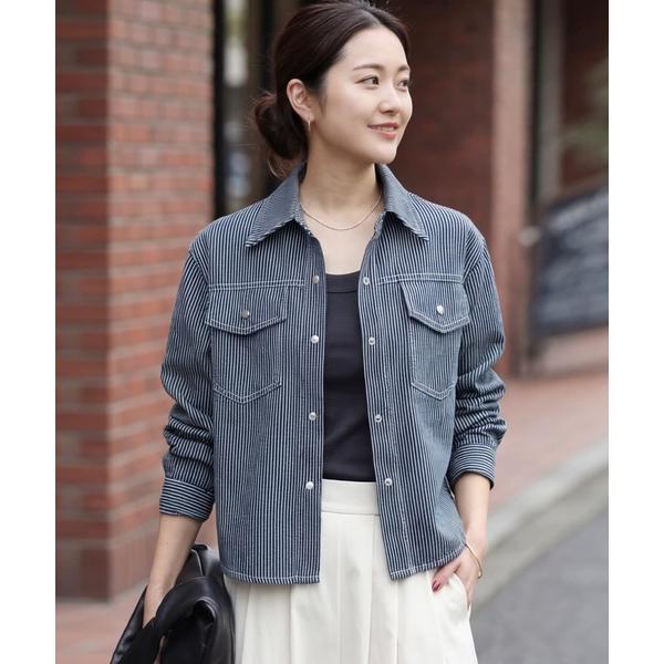 デニムジャケット gジャン ヒッコリーストライプ柄シャツジャケット レディース