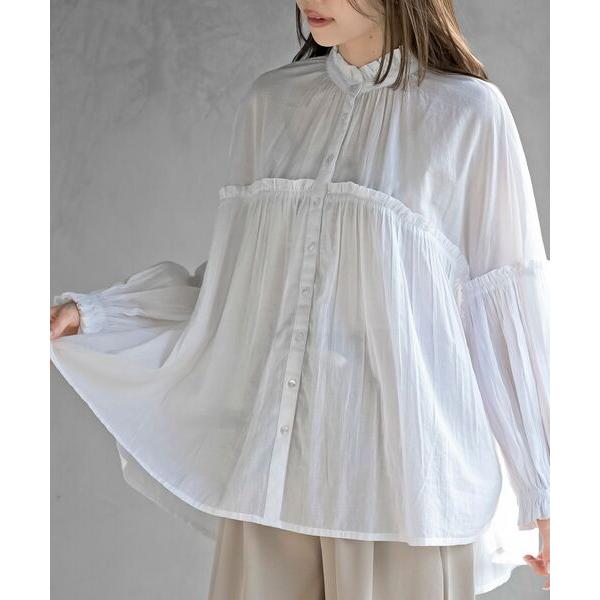 ブラウス シャツ コットンボイルフリルネックギャザーブラウス レディース