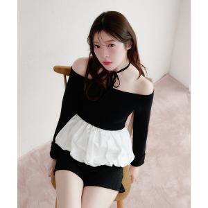 ニット セーター off-shoulder satin peplum tops / オフショルサテンペプラムトップス レディース