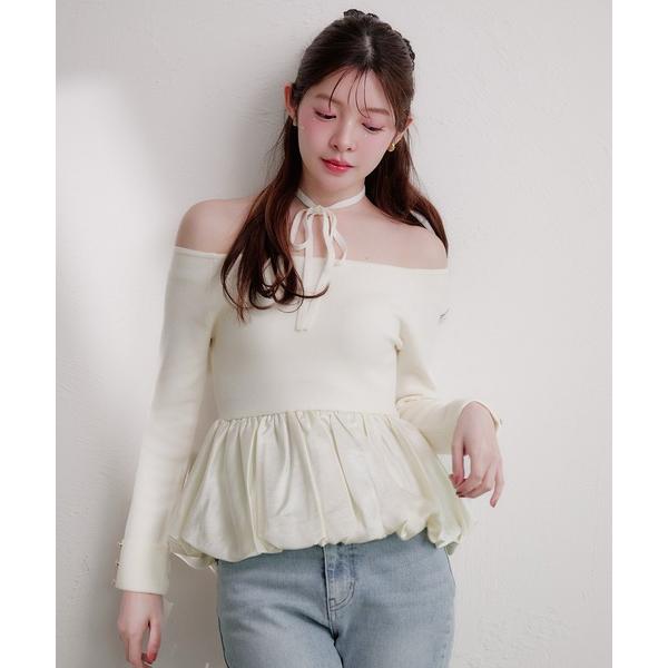 ニット セーター off-shoulder satin peplum tops / オフショルサテン...