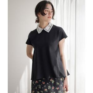 tシャツ 半袖 フレンチテリー 刺繍襟 ペプラムカットソー レディース