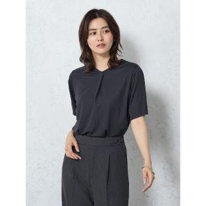 tシャツ 「ひんやり接触冷感」ソフトブラウス　Vネックタック　オフホワイト/サックス/ネイビー レディース