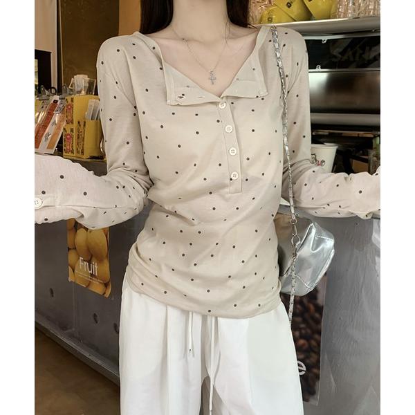 tシャツ ヘンリーネックドット柄シアーカットソー レディース
