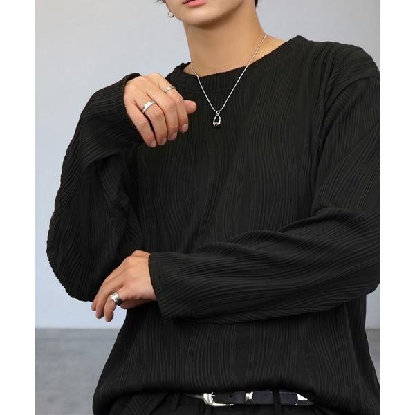 tシャツ ルーズシルエット 無地 長袖 Tシャツ 伸縮性 ストレッチ ウェーブ デザイン ロンT メ...