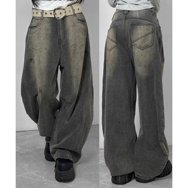 ジーンズ デニム デニムパンツ ベルト付きカーブシルエットウォッシュデニムパンツ レディース