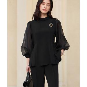 セットアップ 「セットアップ」リボンタイ付きオーガンジー切り替えシアースリーブトップス＆センタープレスパンツ レディース