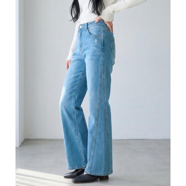 ジーンズ デニム デニムパンツ 細見せ！セミフレア―デニムパンツ７３丈 レディース